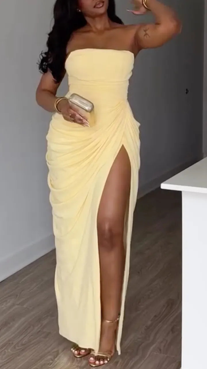 Strapless Ruched High Slit Maxi Dress