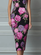 Black Floral Print Short Sleeve Bodycon Midi Dress