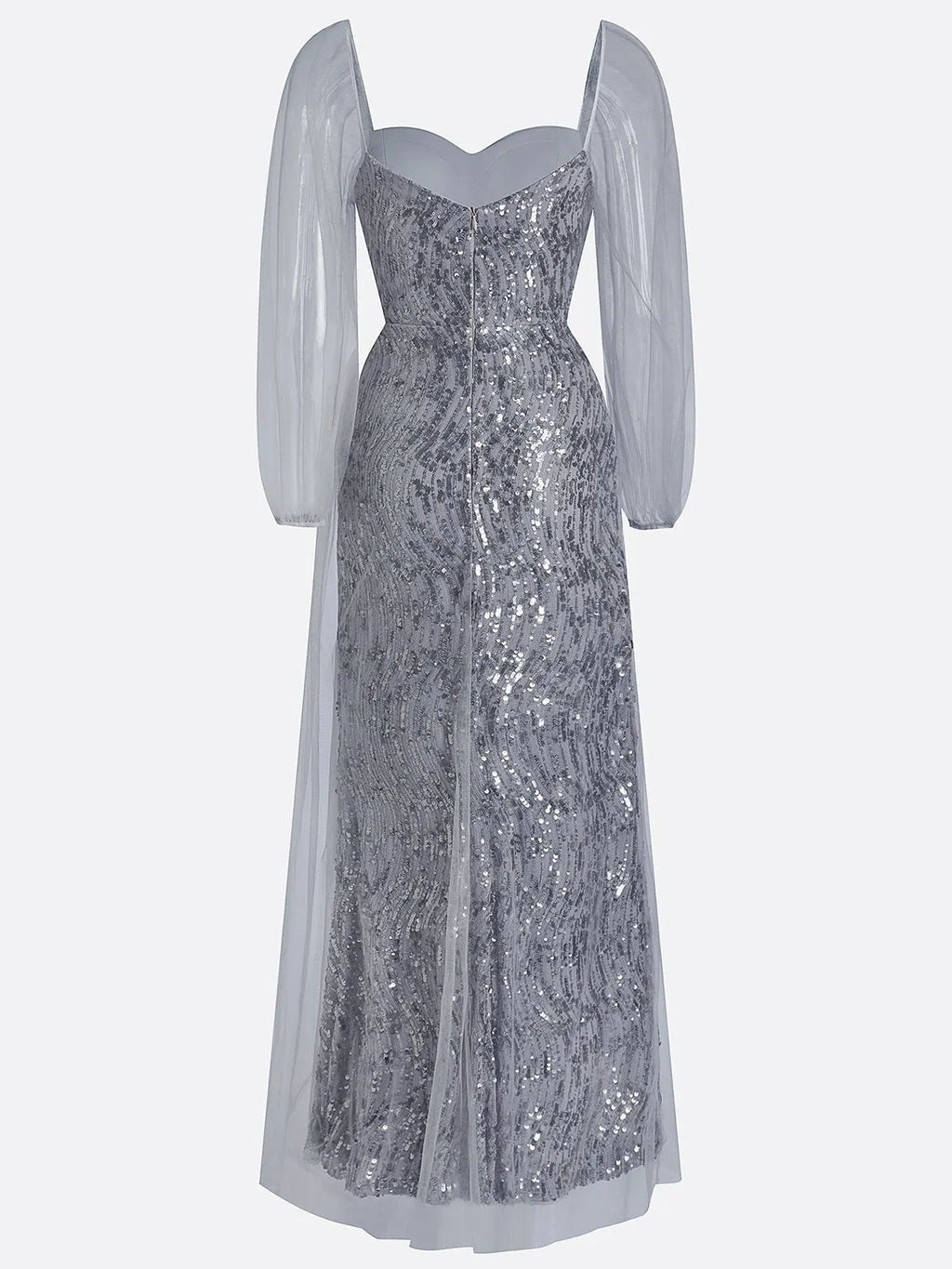 Silver Gray Buckle Sequin Sweetheart Neckline Long Sleeve Sheath Maxi Dress