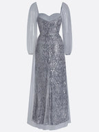 Silver Gray Buckle Sequin Sweetheart Neckline Long Sleeve Sheath Maxi Dress
