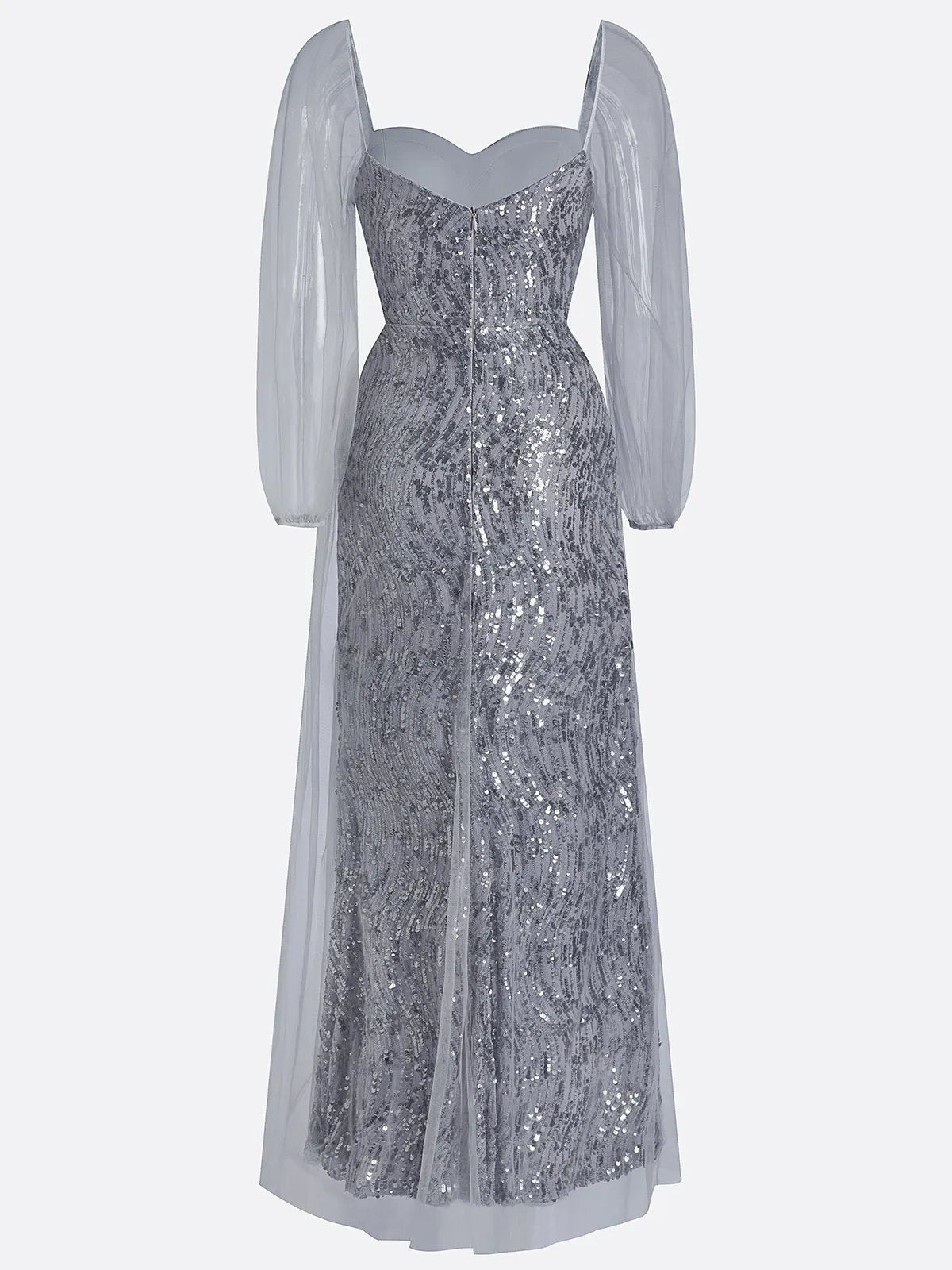 Silver Gray Buckle Sequin Sweetheart Neckline Long Sleeve Sheath Maxi Dress