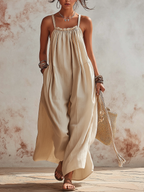 Linen-Blend Gathered Neckline Wide-Leg Jumpsuit