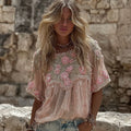 Women's Pink Roses Embroidery Art Round Neck Short Sleeve T-shirt
