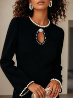 Black Faux Pearl Cut Out Classic Crew Neck Long Sleeve Sheath Mini Dress