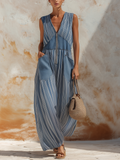 Blue & White Striped Denim Sleeveless Maxi Dress With Front Zipper
