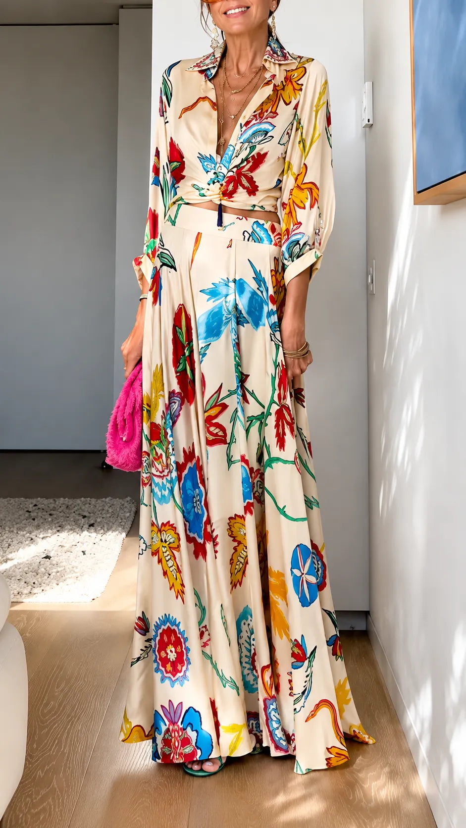 Women's Collared Printed Satin Resort Set