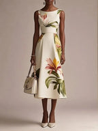 Beige Floral Boat Neck Sleeveless A-Line Midi Dress