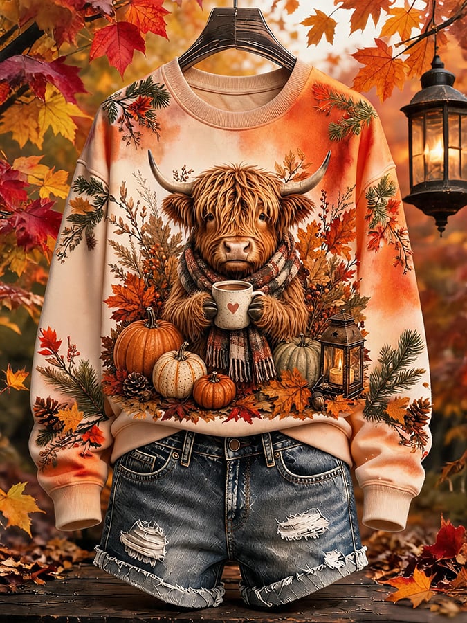 Women's Autumn Highland Denim Print Sweatshirt