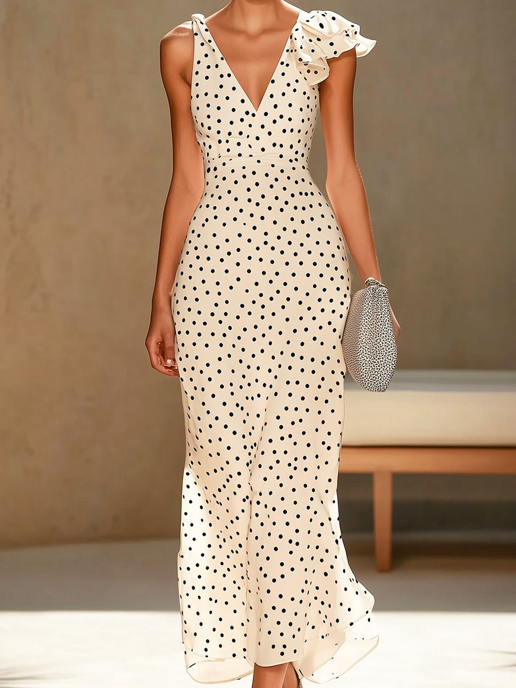 Polka Dot Satin Dress with Irregular Sleeves