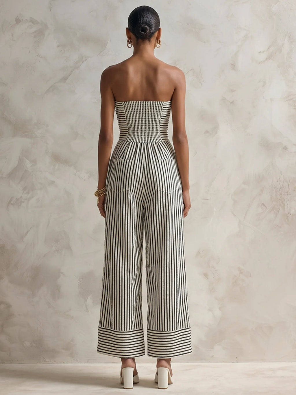 Black & White Striped Strapless Wide-Leg Jumpsuit