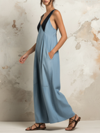 Two-Tone Denim V-Neck Wide-Leg Jumpsuit With Pockets