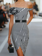 Asymmetric Sleeve Striped Dress With Waist Belt