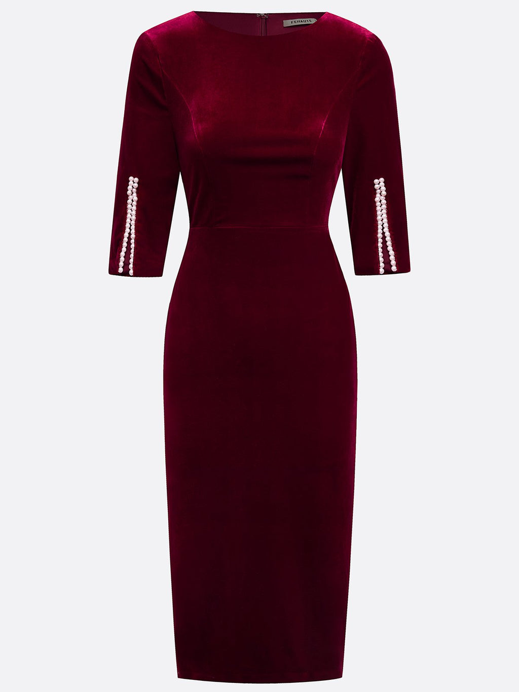 Wine Red Faux Pearl Velvet Boat Neck Half Sleeve Sheath Midi Dress