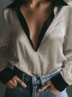 Luxry Lapel V-neck Champagne Jacquard Blouse With Contrast Trim