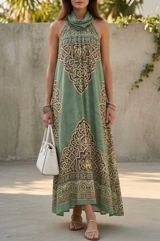 Halter Cowl Neck Boho Print Maxi Dress