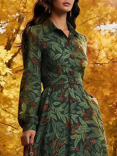 Maxi Linen Dress, Long Sleeves, Shawl Collar, Floral, Button Design, Vintage, Green