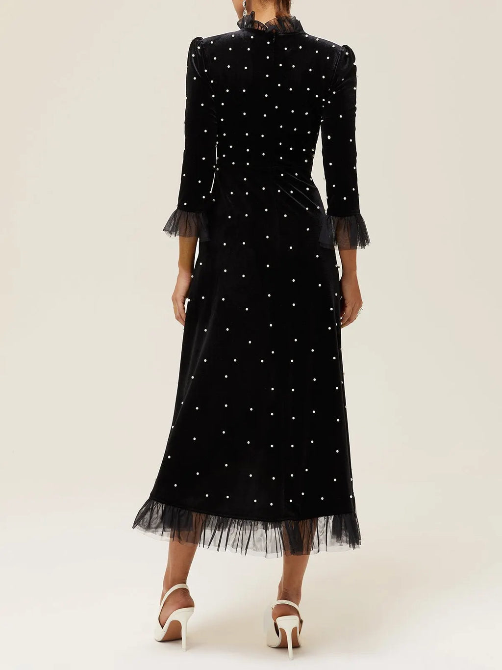 Black Beaded Ruffled Mock Neck Three Quarter Sleeve A-Line Maxi Velvet Dress