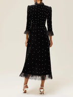 Black Beaded Ruffled Mock Neck Three Quarter Sleeve A-Line Maxi Velvet Dress