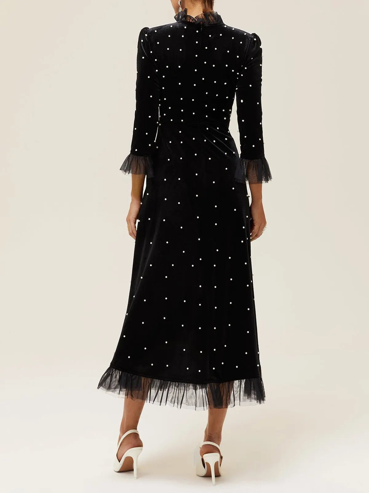 Black Beaded Ruffled Mock Neck Three Quarter Sleeve A-Line Maxi Velvet Dress