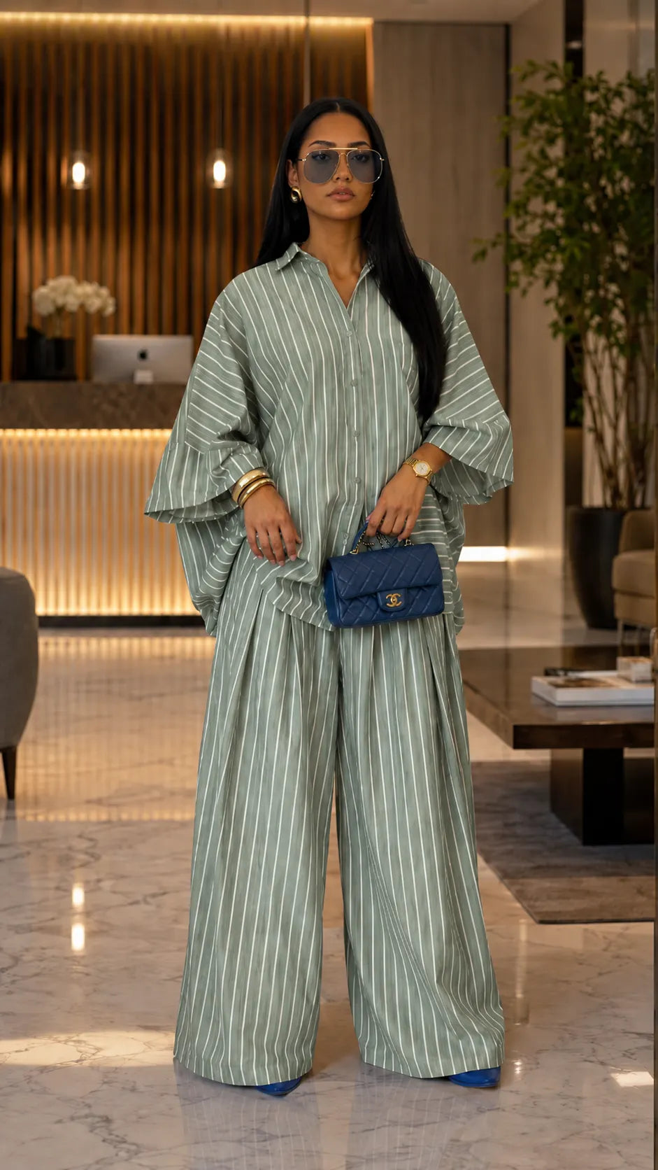 Vertical Stripe Oversized Shirt & Wide-Leg Pant Two-Piece