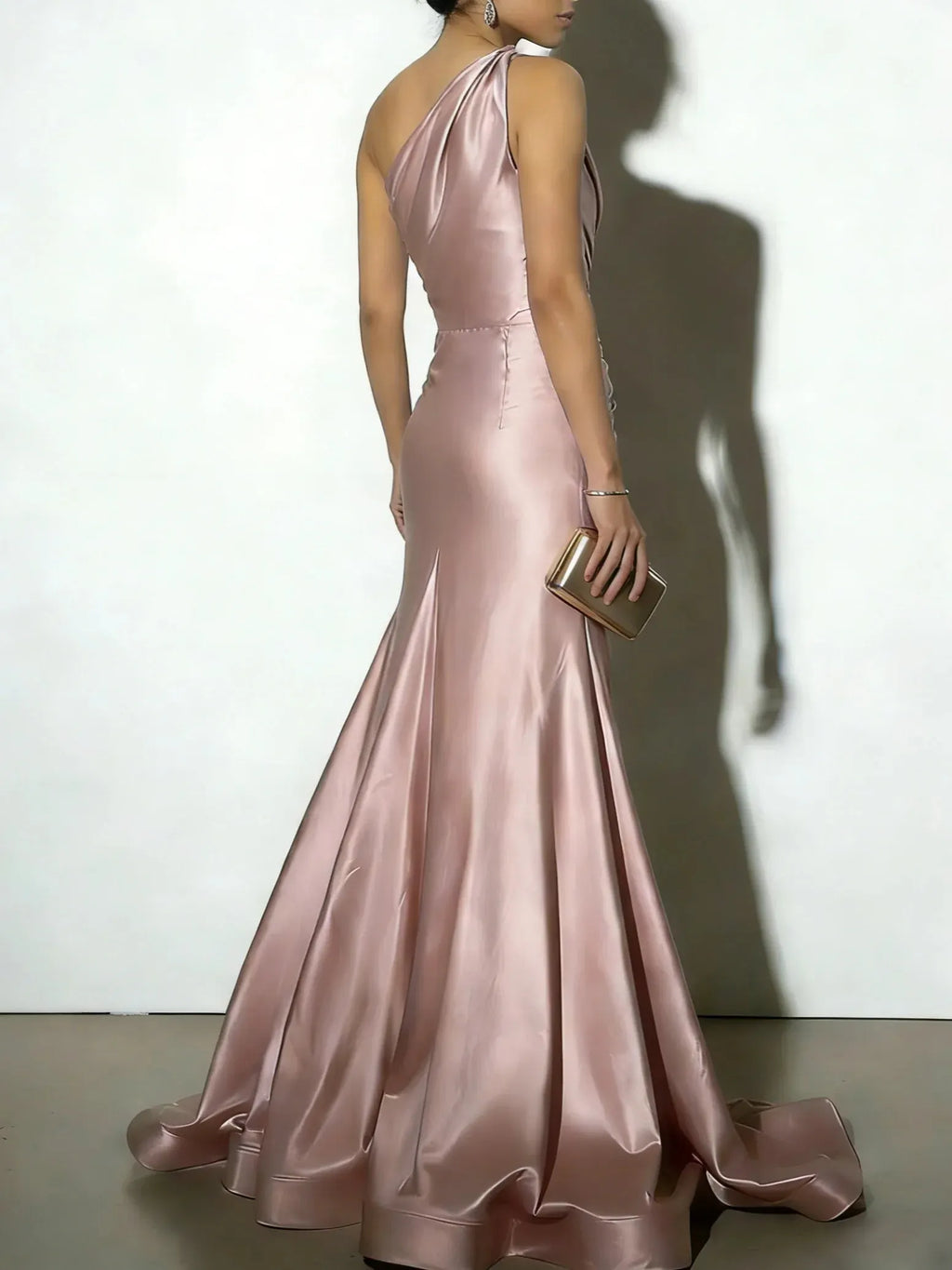 Pink Ruched Satin One Shoulder Sleeveless A-Line Gown Dress