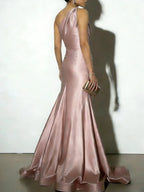 Pink Ruched Satin One Shoulder Sleeveless A-Line Gown Dress