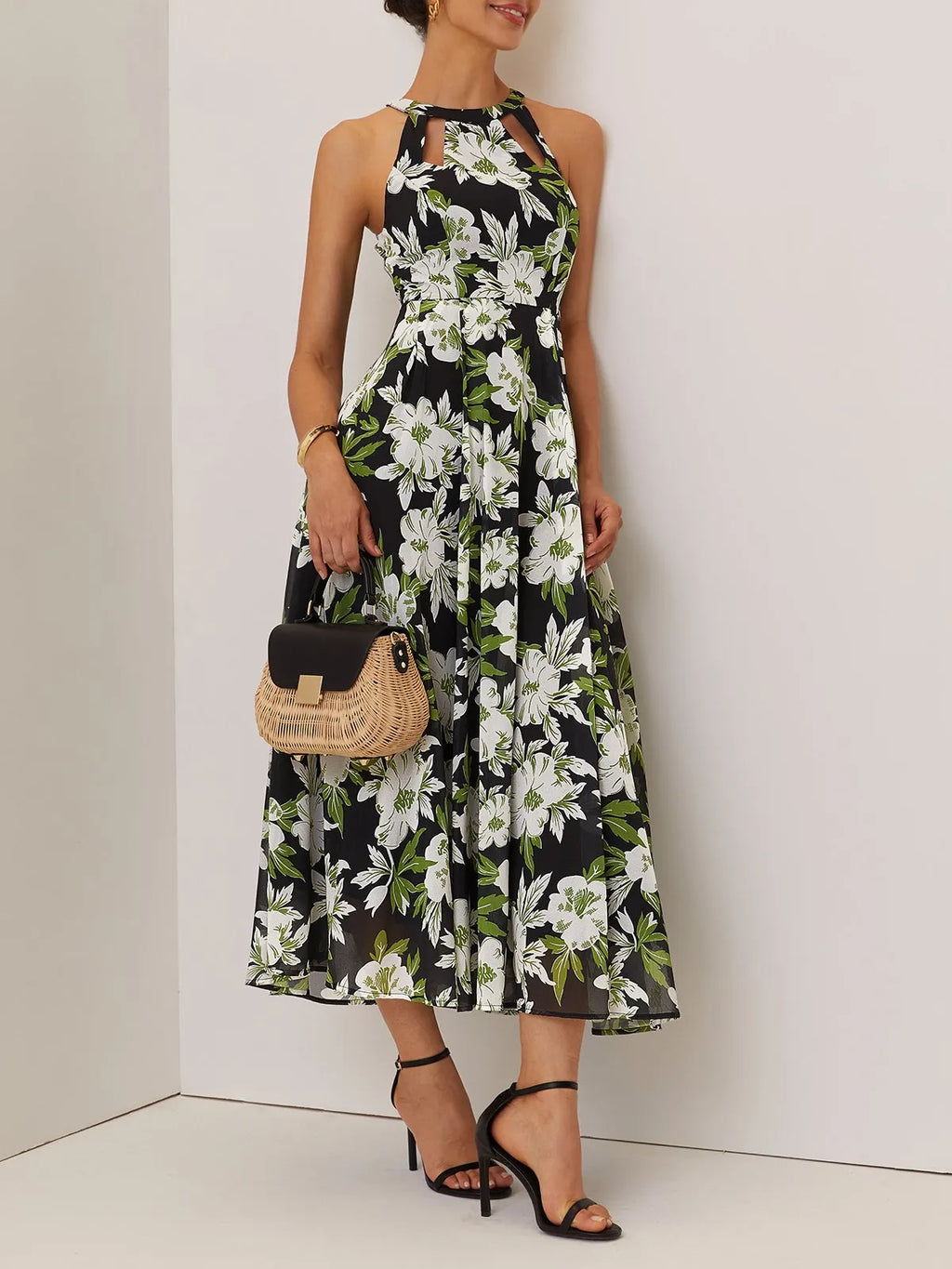 Green Floral Hollow Out Chiffon Halter Crew Neck Sleeveless A-Line Maxi Dress