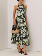 Green Floral Hollow Out Chiffon Halter Crew Neck Sleeveless A-Line Maxi Dress