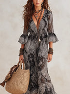 Bohemian-style Ruffled Chiffon Printed Maxi Dress