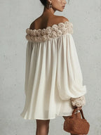 Cream 3D Floral Chiffon Zip Mini Dress