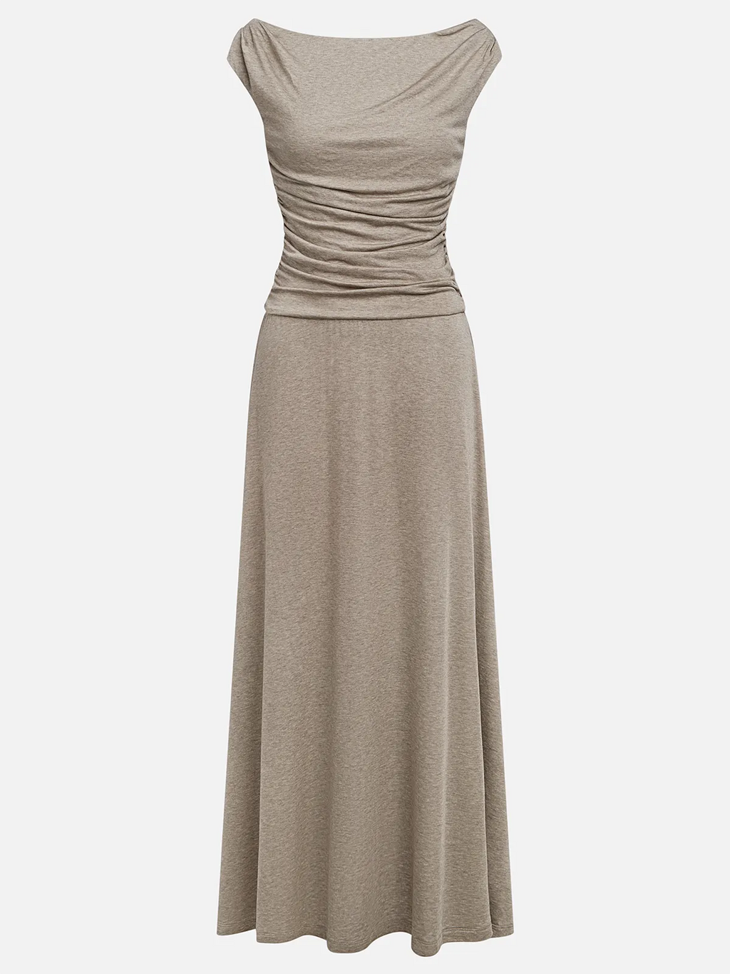 Khaki Lyocell Wool Ruched Knit Versatile One Shoulder/ Off-the-Shoulder Sleeveless A-Line Maxi Dress