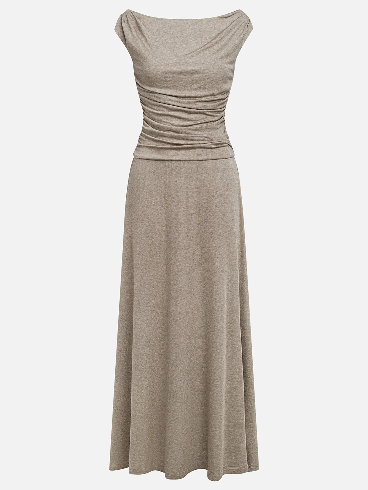 Khaki Lyocell Wool Ruched Knit Versatile One Shoulder/ Off-the-Shoulder Sleeveless A-Line Maxi Dress