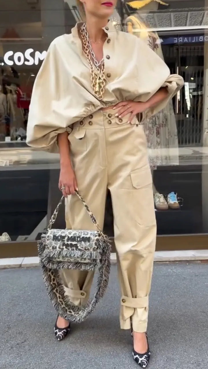 Beige Oversized Shirt High Waist Cargo Pants Two Piece Set