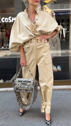 Beige Oversized Shirt High Waist Cargo Pants Two Piece Set