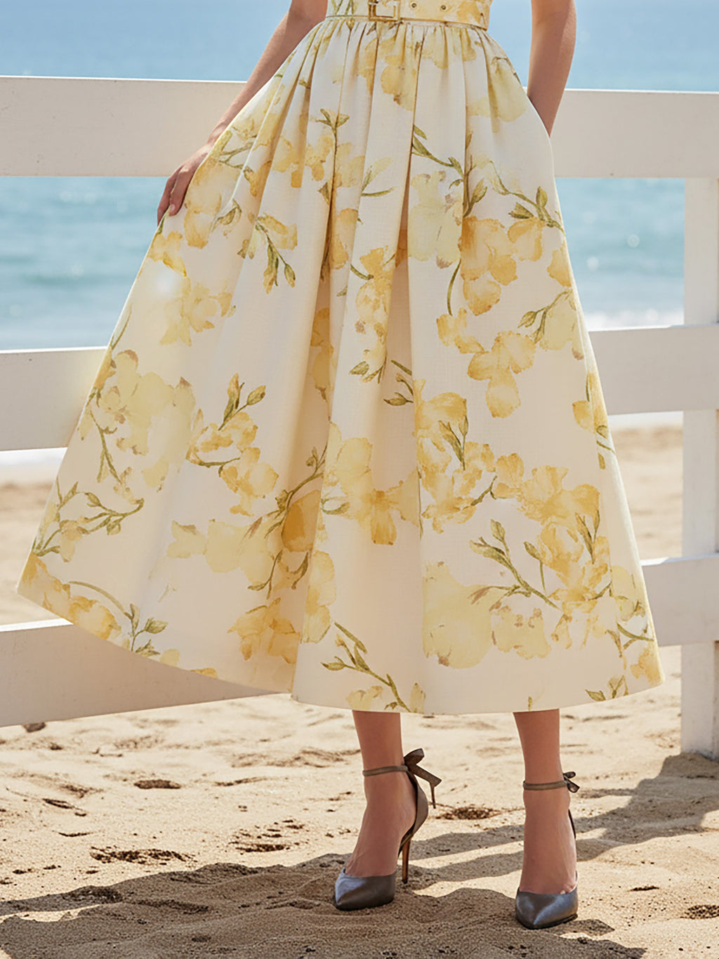 Midi Linen Dress, Short Sleeves, V Neck, Floral, Belt Design, Vintage, Yellow