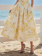 Midi Linen Dress, Short Sleeves, V Neck, Floral, Belt Design, Vintage, Yellow