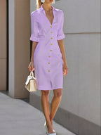 White Buckle Cotton Shirt Collar Short Sleeve Sheath Midi  Dress