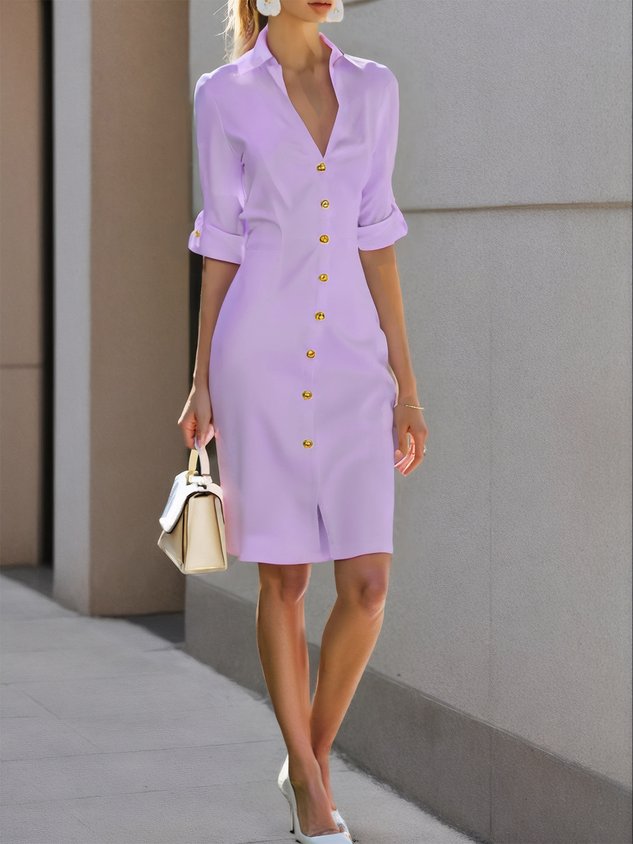 White Buckle Cotton Shirt Collar Short Sleeve Sheath Midi  Dress