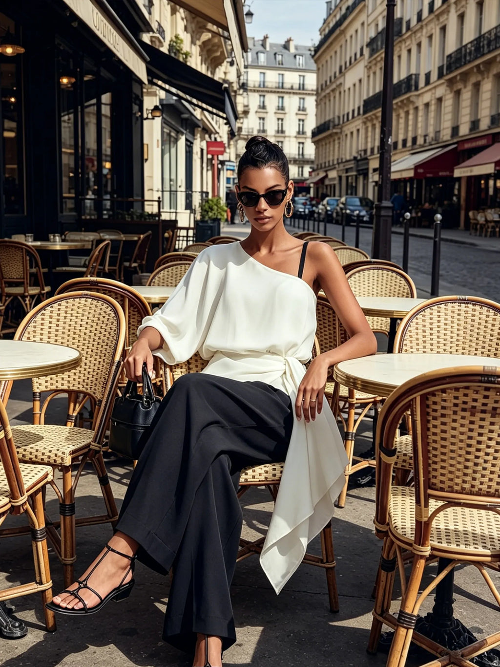 Asymmetric One-Shoulder Tie-Waist Top & Wide-Leg Trousers Co-Ord Set