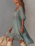 Blue Pleated Lace Midi Dress