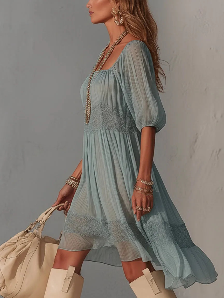 Blue Pleated Lace Midi Dress