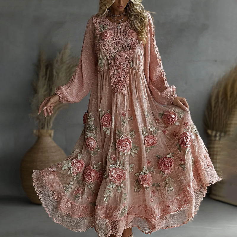 Women's Floral Roses Art Print Flowy Linen Blend Casual Long Sleeve Maxi Dress