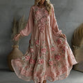 Women's Floral Roses Art Print Flowy Linen Blend Casual Long Sleeve Maxi Dress