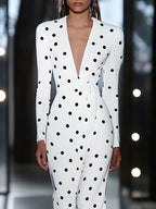 White Polka Dots Deep V Neck Long Sleeve A-Line Maxi Dress
