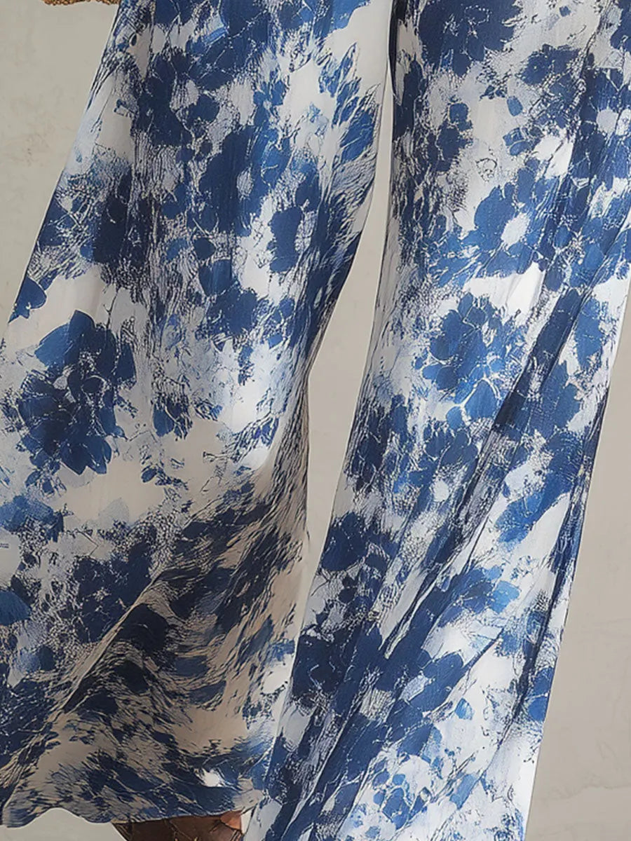 Casual Retro White Chiffon Top And Blue Floral Chiffon Wide-leg Pants Set
