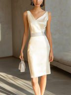 Cream White Satin Jacquard Sleeveless Dress