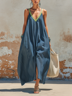 Blue Chambray Maxi Dress With Lime Trim - Loose Flowy Sleeveless Sundress