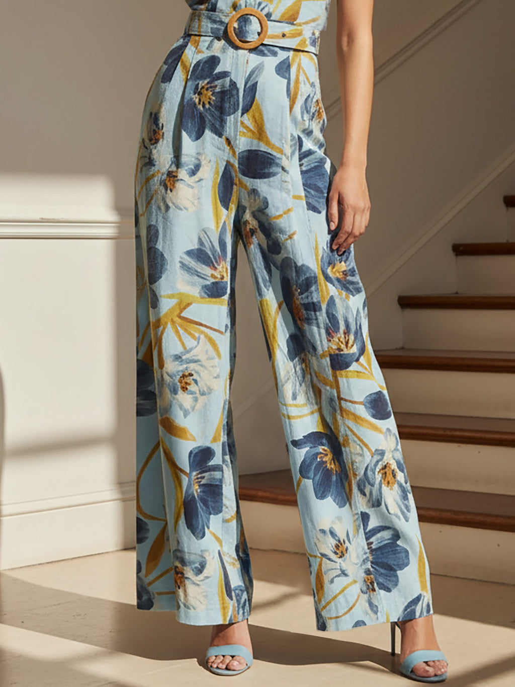 Linen Pants, Floral, Belt Design, Vacation, Vintage, Blue
