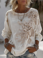 Women's Vintage Flower Embroidery Art Print Round Neck Long Sleeve T-shirt