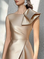 Chic Champagne Satin Dress with Shoulder Detail